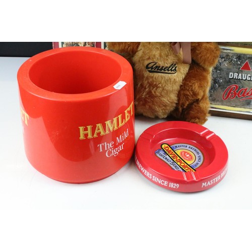 466 - Collection of breweriana to include an Ansells stuffed squirrel, assorted ash trays, Hamlet mild cig... 