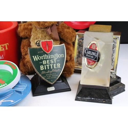 466 - Collection of breweriana to include an Ansells stuffed squirrel, assorted ash trays, Hamlet mild cig... 