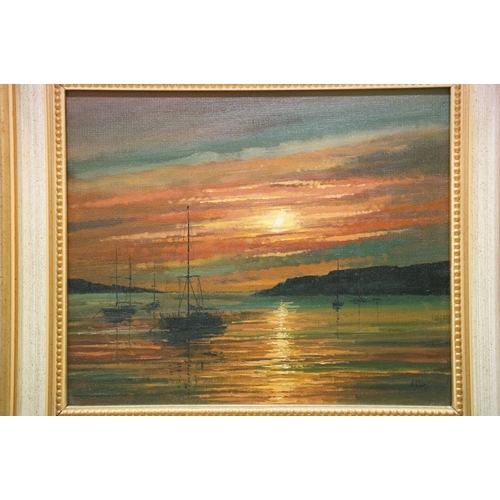 163 - Alan King, Sunset Anchorage Lelant, Cornwall, oil on canvas panel, signed lower right, label verso f... 