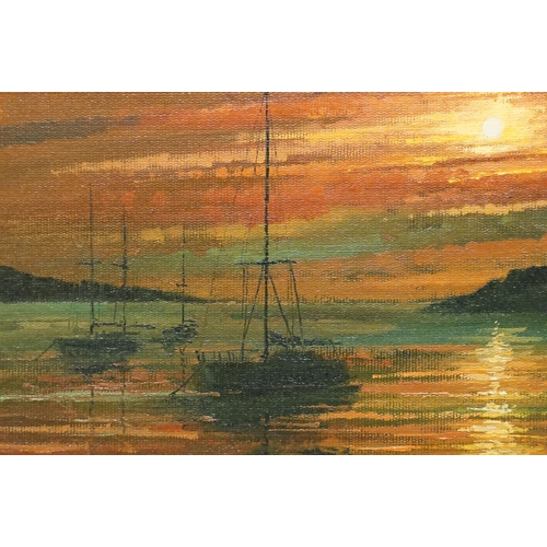 163 - Alan King, Sunset Anchorage Lelant, Cornwall, oil on canvas panel, signed lower right, label verso f... 