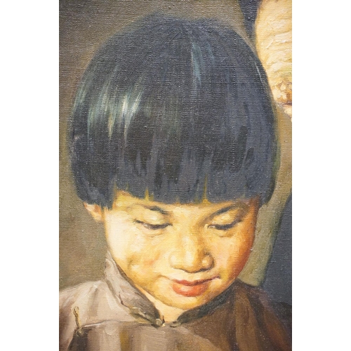 199 - Chinese School, lady and a child reading, oil on canvas, 59.5 x 44.5cm and Nadiken, girl with a hat ... 