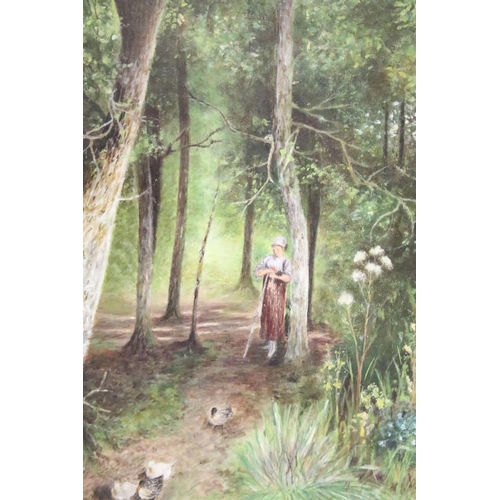 165 - Early 20th century English School, girl and ducks in a woodland scene, oil on canvas, 44 x 34cm, gil... 