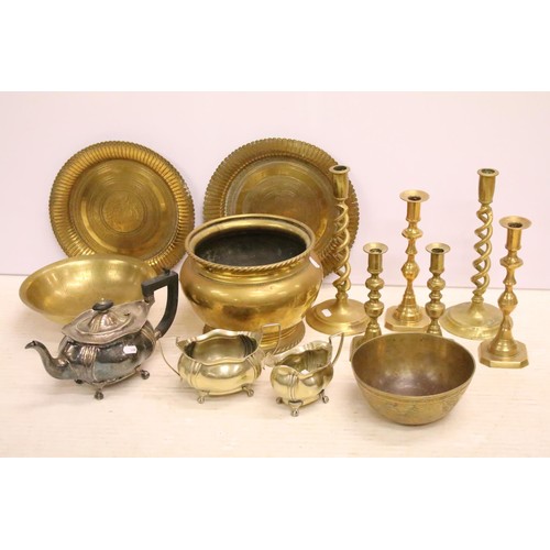 486 - Collection of silver plate and brassware to include: brass jardiniere, three pairs of brass candlest... 
