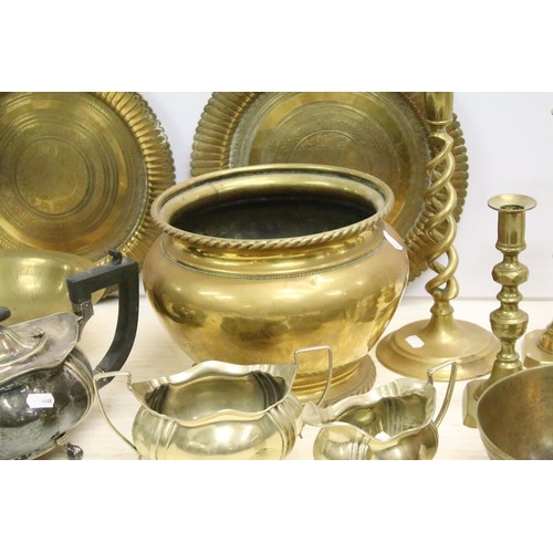 486 - Collection of silver plate and brassware to include: brass jardiniere, three pairs of brass candlest... 