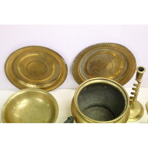 486 - Collection of silver plate and brassware to include: brass jardiniere, three pairs of brass candlest... 