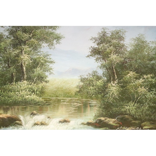 160 - M Husinga, river scene with mountains beyond, oil on canvas, signed lower right, 29.5 x 39cm, C. Gor... 