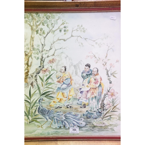 154 - R M Wright, Oriental scene with figures and a peacock, watercolour, signed lower right and dated 198... 