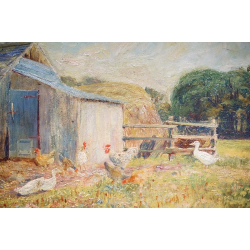 173 - English School, farmyard scene with ducks and chickens, oil on panel, 22.5 x 32cm, gilt framed, Marg... 