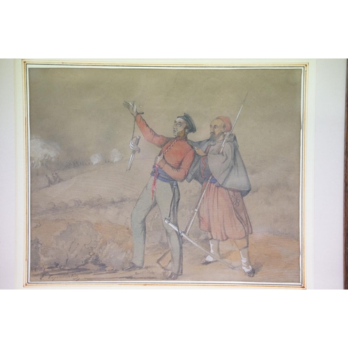 205 - E Copmartin, wounded soldier being comforted, pencil and watercolour heightened with white, 21 x 27c... 