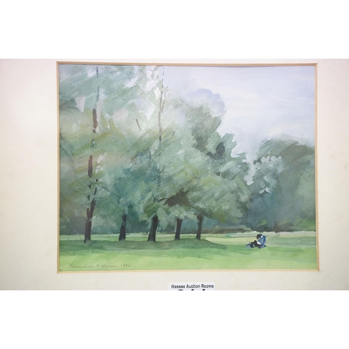 211 - Rosemonde M Nairac, figure in a park, watercolour, signed lower left and dated 1992, 16.5 x 20.5cm, ... 