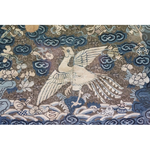 213 - Chinese Qing Dynasty civil rank badge, silk embroidered featuring 'buzi' the egret flying towards th... 