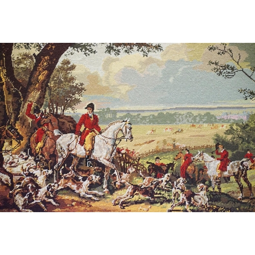 221 - Tapestry panel depicting huntsmen and hounds in an extensive landscape with a country house in the d... 