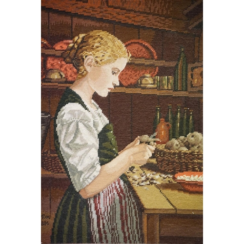 223 - Tapestry panel depicting a young woman in a kitchen, bearing signature and date 1885, 55 x 40cm, gil... 