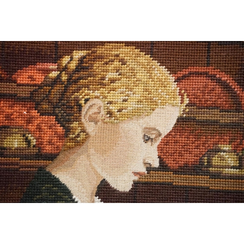 223 - Tapestry panel depicting a young woman in a kitchen, bearing signature and date 1885, 55 x 40cm, gil... 