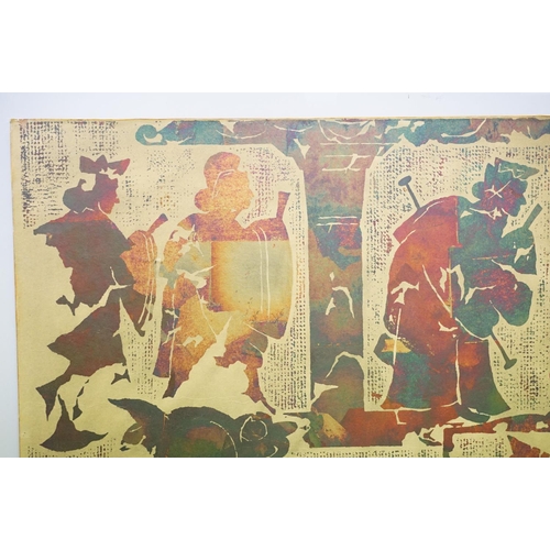 226 - Asian School, panel with figures on horseback, print laid down on board, 96 x 187cm