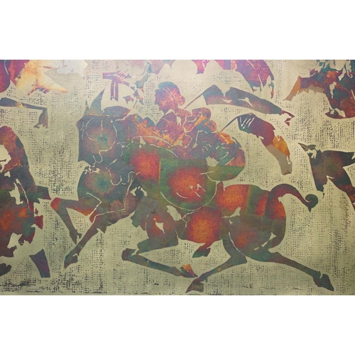 226 - Asian School, panel with figures on horseback, print laid down on board, 96 x 187cm