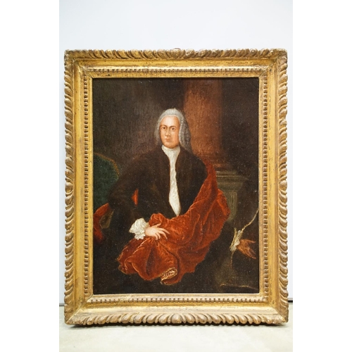 228 - 18th century English School, portrait of a lady and gentleman, each standing 3/4 length, oil on oak ... 