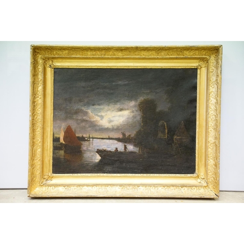 64 - Dutch School, sailing boats on moonlit water with windmill in the distance, oil on canvas, 47 x 63cm... 