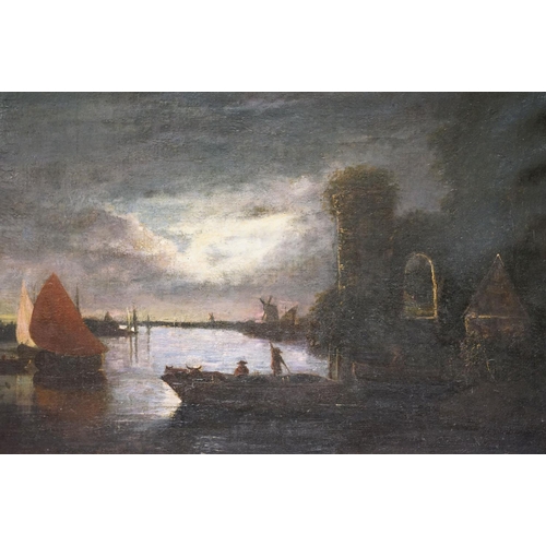 64 - Dutch School, sailing boats on moonlit water with windmill in the distance, oil on canvas, 47 x 63cm... 