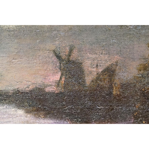 64 - Dutch School, sailing boats on moonlit water with windmill in the distance, oil on canvas, 47 x 63cm... 