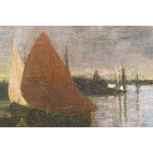 64 - Dutch School, sailing boats on moonlit water with windmill in the distance, oil on canvas, 47 x 63cm... 