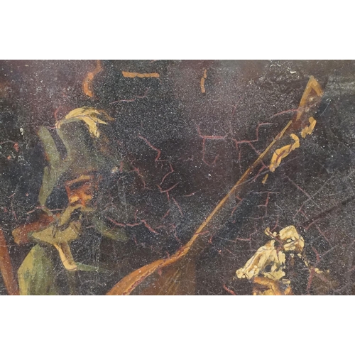 74 - 18th/19th century oil on tin study of figures by a fireside, 34 x 27cm and a signed oil on board of ... 