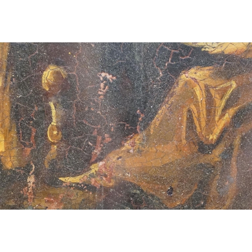 74 - 18th/19th century oil on tin study of figures by a fireside, 34 x 27cm and a signed oil on board of ... 