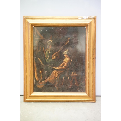 74 - 18th/19th century oil on tin study of figures by a fireside, 34 x 27cm and a signed oil on board of ... 