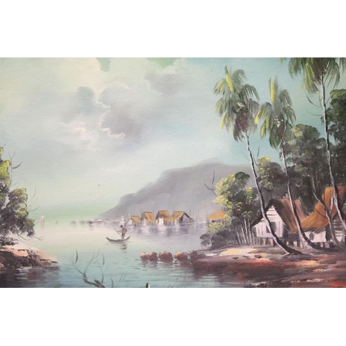 169 - Eastern School, tropical scene with palms and boats on the water, possibly Singapore, and another si... 