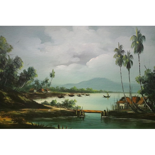 169 - Eastern School, tropical scene with palms and boats on the water, possibly Singapore, and another si... 