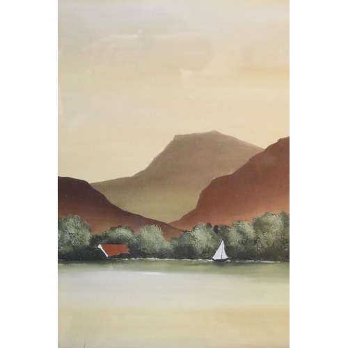 171 - After Hans Paus (Dutch, b.1959), landscape scene with sailing boat, colour print, 55.5 x 38cm, frame... 