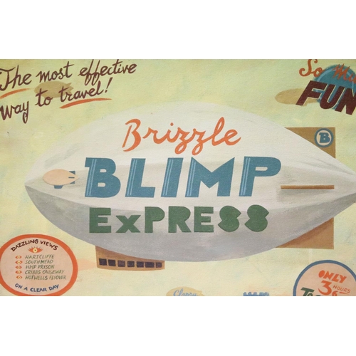 181 - Leah Ellen-Heming, Brizzle Blimp Express, oil on canvas, artist's name inscribed on frame verso, 54.... 