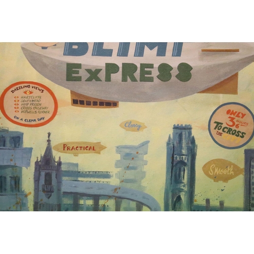 181 - Leah Ellen-Heming, Brizzle Blimp Express, oil on canvas, artist's name inscribed on frame verso, 54.... 