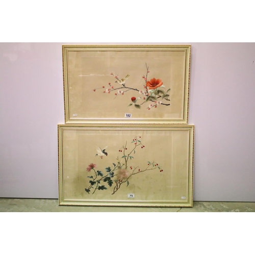 182 - Chinese embroidery on silk, bird on a flowering branch, 31 x 49cm and another similar with bird in f... 