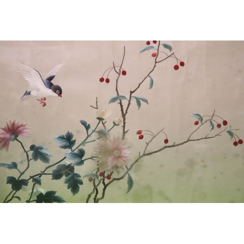 182 - Chinese embroidery on silk, bird on a flowering branch, 31 x 49cm and another similar with bird in f... 