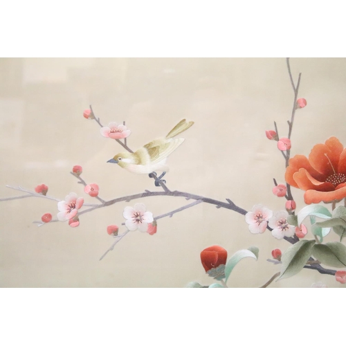 182 - Chinese embroidery on silk, bird on a flowering branch, 31 x 49cm and another similar with bird in f... 