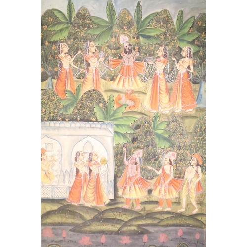 225 - Indian School, ceremonial scene depicting female attendants serving masked musician, 177 x 115cm