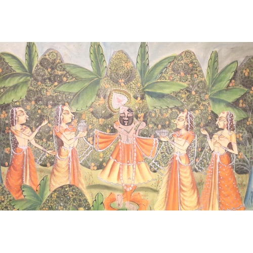 225 - Indian School, ceremonial scene depicting female attendants serving masked musician, 177 x 115cm