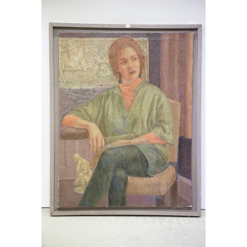 124 - Large 20th Century oil painting on canvas of a seated lady, 99 x 76.5cm