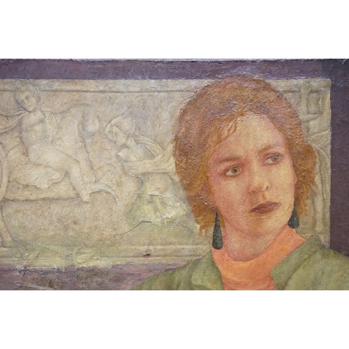 124 - Large 20th Century oil painting on canvas of a seated lady, 99 x 76.5cm