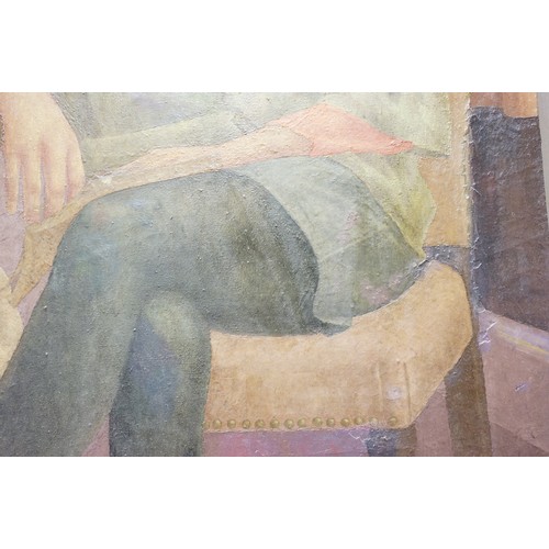 124 - Large 20th Century oil painting on canvas of a seated lady, 99 x 76.5cm