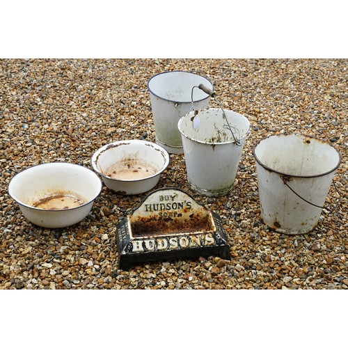 523 - Advertising - A cast iron Hudsons Soap dog water trough, together with a group of five enamel bucket... 