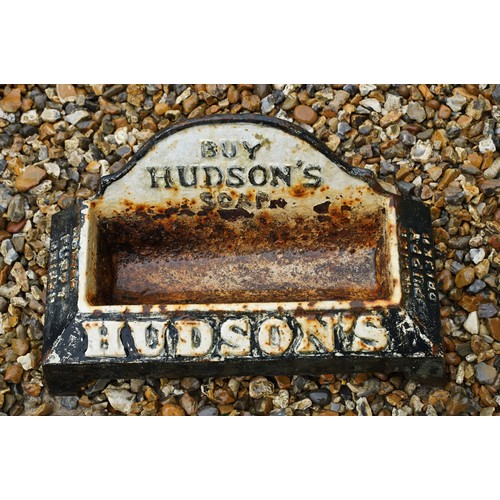 523 - Advertising - A cast iron Hudsons Soap dog water trough, together with a group of five enamel bucket... 
