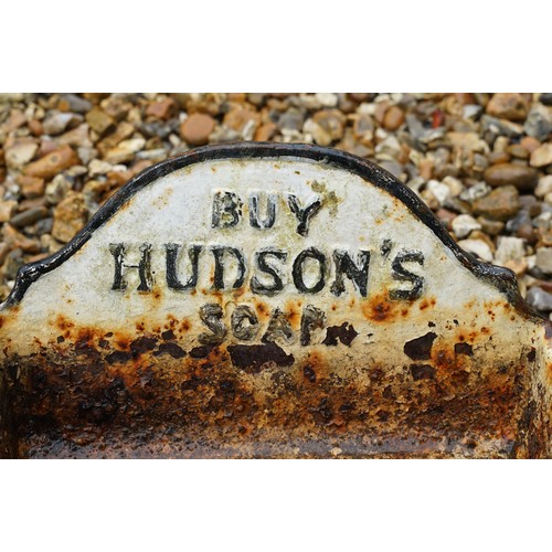 523 - Advertising - A cast iron Hudsons Soap dog water trough, together with a group of five enamel bucket... 