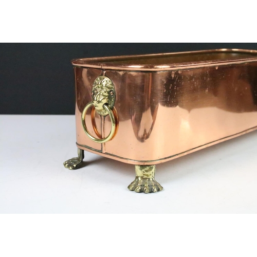 107 - Copper planter with rolled rim and brass lion mask drop ring handles, raised on brass lion paw feet,... 