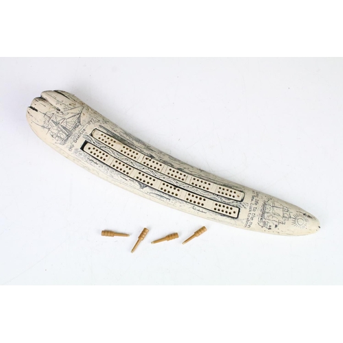 108 - 'Ship Beatrice' faux scrimshaw resin cribbage board, approx 36cm long