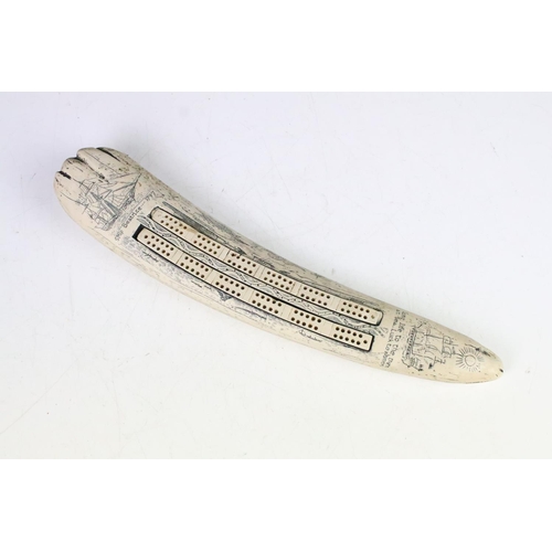 108 - 'Ship Beatrice' faux scrimshaw resin cribbage board, approx 36cm long