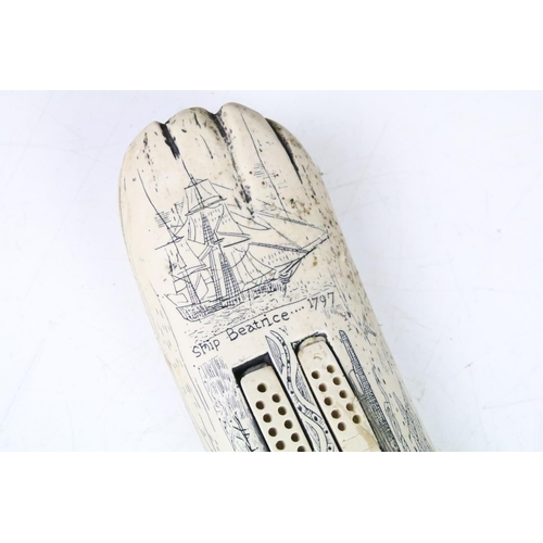 108 - 'Ship Beatrice' faux scrimshaw resin cribbage board, approx 36cm long