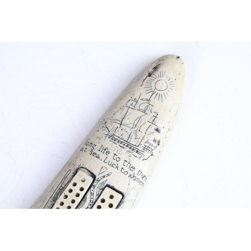 108 - 'Ship Beatrice' faux scrimshaw resin cribbage board, approx 36cm long