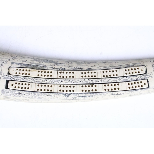 108 - 'Ship Beatrice' faux scrimshaw resin cribbage board, approx 36cm long